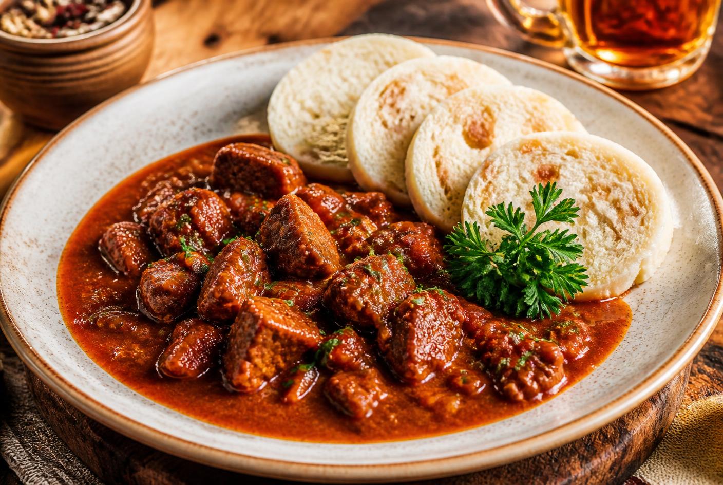 Well-plated Czech guláš with bread dumplings