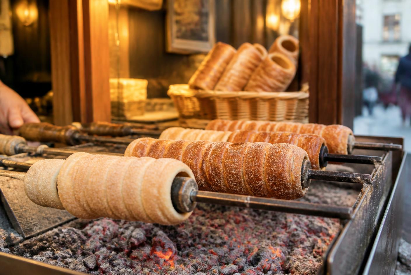 Fresh trdelník pastries roasting over warm coals at a street stall