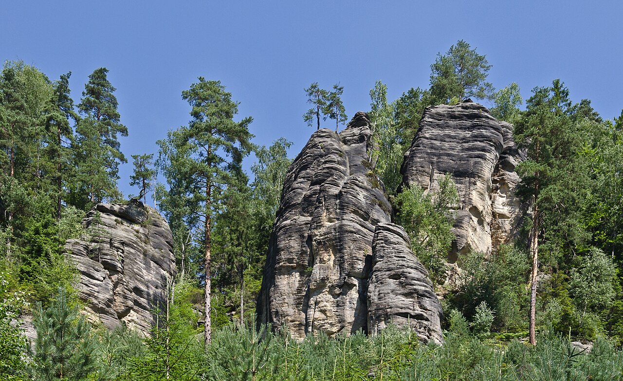 Towering sandstone pillars of the Adršpach Rock City