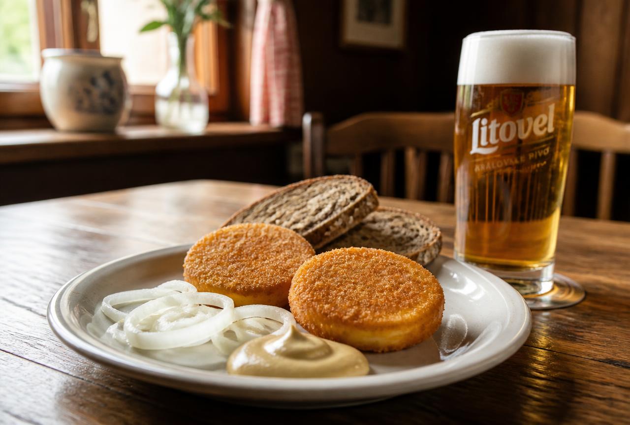 Fried Olomoucké tvarůžky with bread, onion and a glass of Moravian lager
