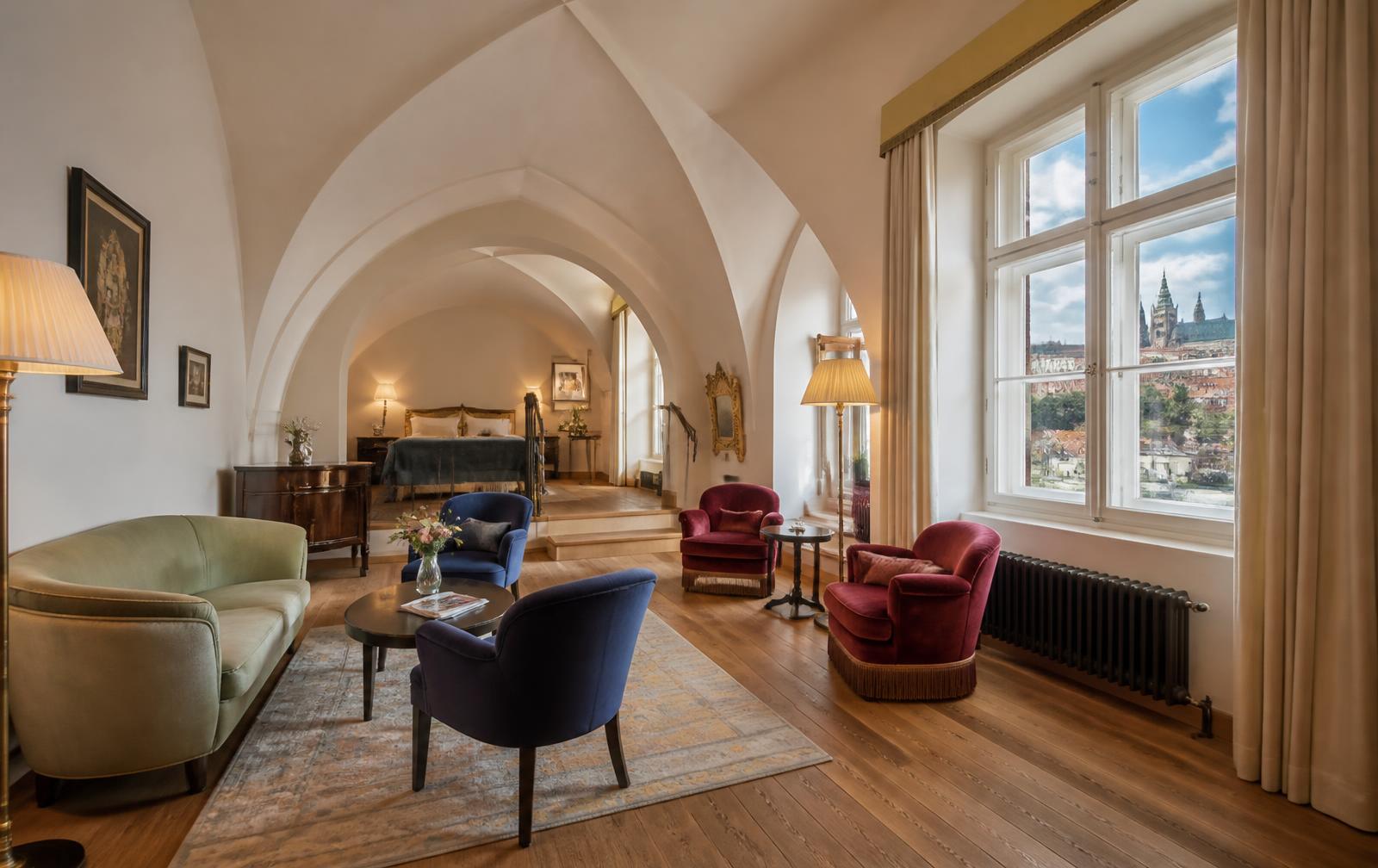 Lounge of a boutique hotel in a converted historic Prague building